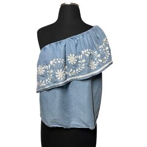 Rebecca Minkoff Rita Denim Chambray One Shoulder Embroidered Blouse Top Blue S